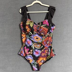 Torrid Swimsuit 2X 18/20 Floral Polkadot One Piece Ruffle Wireless Bandeau Bra